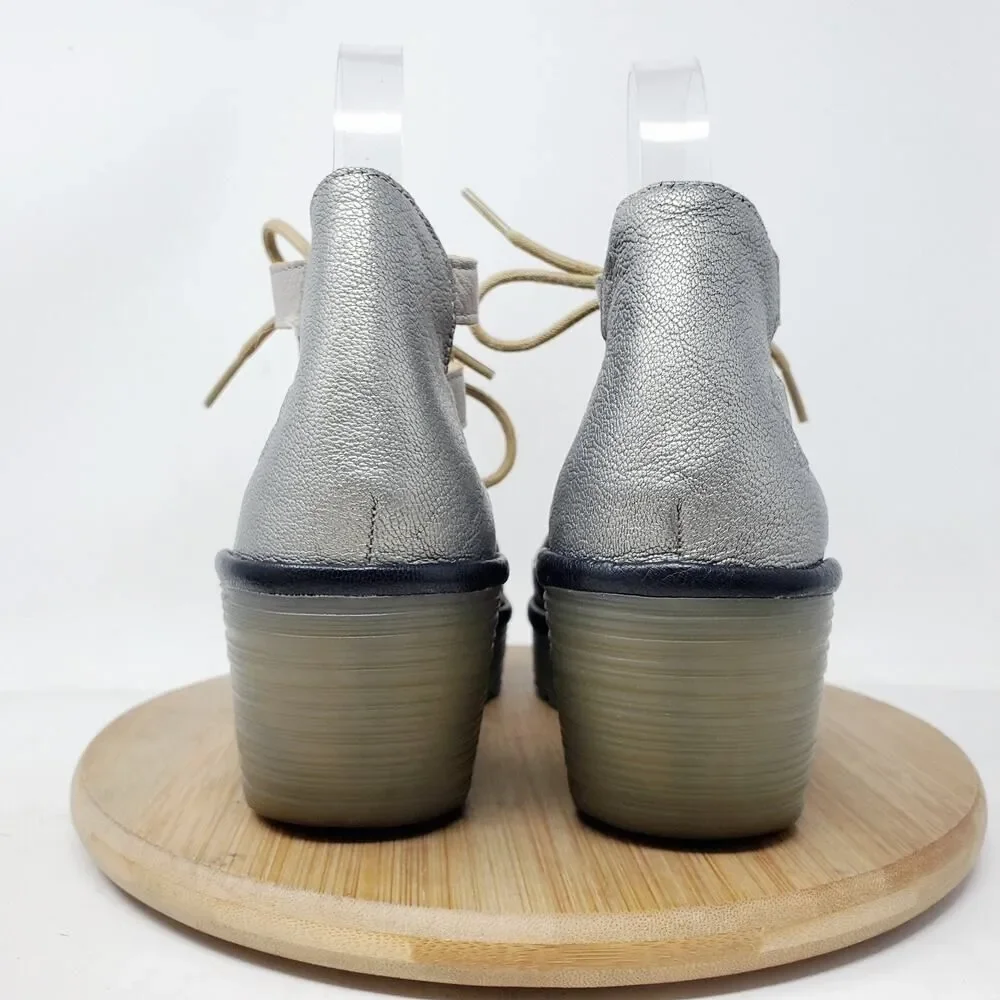 Fly London Yafi Wedge Sandals‎ Womens 39 Silver Platform Wedge Lace Up Shoes